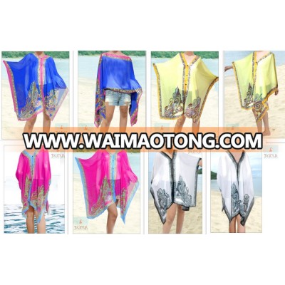 THAI CHIFFON beach COVER UP 3 WOODEN BUTTON HANDMADE HIPPIE BOHO 3-button wood vest muti-wear pareo shawl scarf THAI art