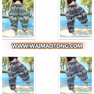 Elephant print zig zag HIPPIE BOHO yoga relax Floral print SMOCK WAIST RAYON PANTS PLUS SIZE