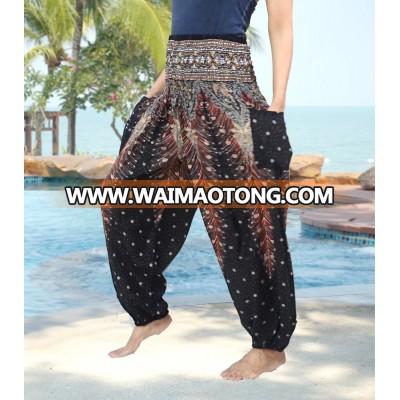 Feather peacock HIPPIE BOHO yoga relax Floral print SMOCK WAIST RAYON PANTS PLUS SIZE