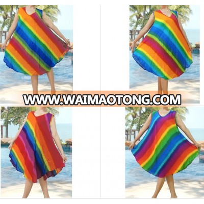 HIPPIE BOHO thai print rainbow color block rayon women beach maxi sleeveless umbrella summer dress plus size