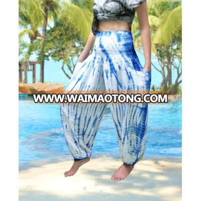 Handmade tie dye blue indigo SMOCK WAIST RAYON Harem Pants Trousers PLUS SIZE